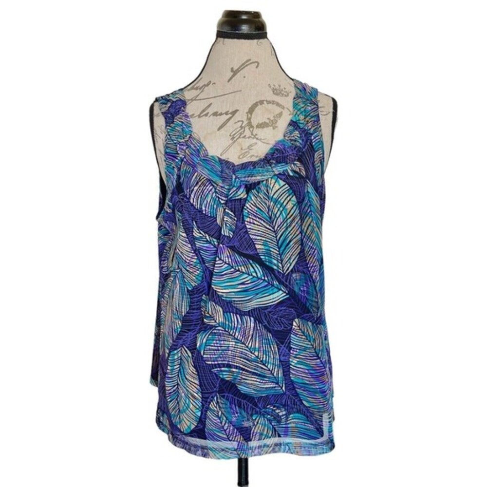 Rafaella Womens Blouse Size Large Mesh Artsy Print Sleeveless Work Wear Office